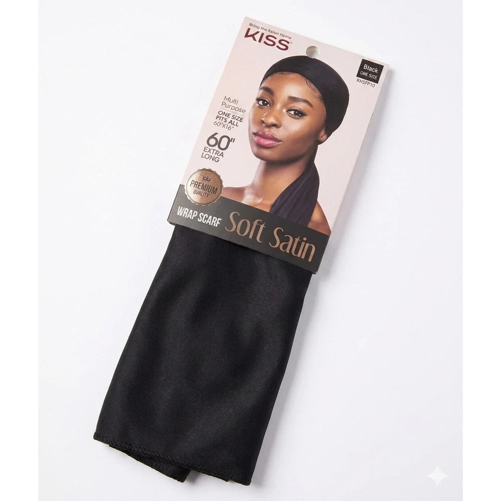 Kiss Soft Satin Wrap Scarf Black 60x16in Extra Long Hair Cover Multi-Purpose OS